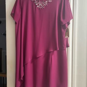 SLNY Burgundy Dress with Embellished Neckline